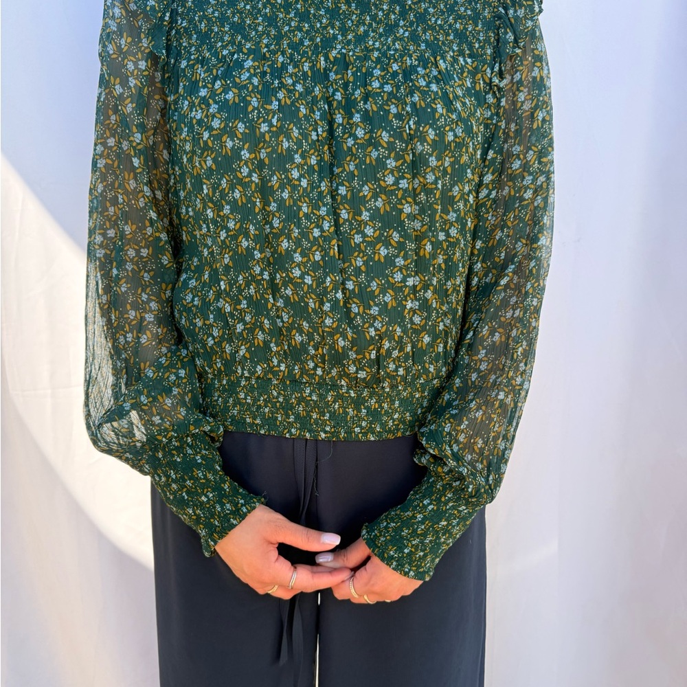 Free People Green Floral Smocked Long-Sleeve Blouse